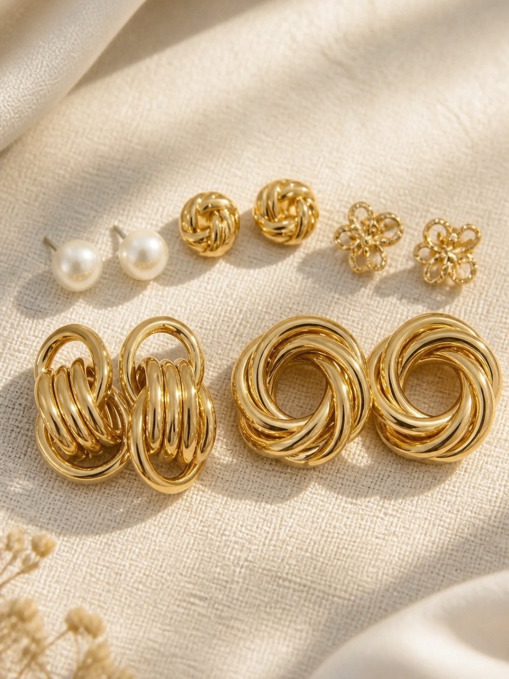 Fashion Jewelry Gold Tone Knot & Pearl Earring Set